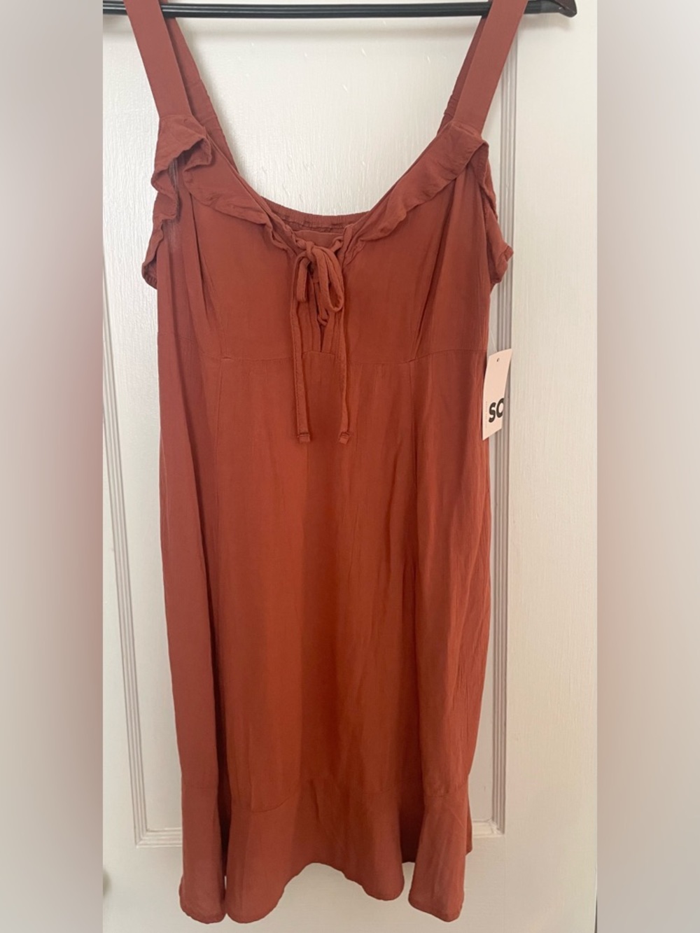 NWT SO Ruffle Front Lace-Up Mini Dress Sleeveless Smocked Womens M